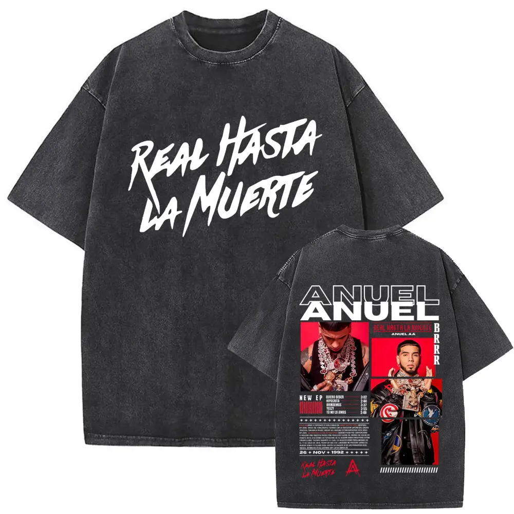 

Rapper Anuel AA Real Hasta La Muerte Tour 2025 Washed Vintage T Shirt Men Women Hip Hop Fashion Street Oversized Crewneck Tshirt