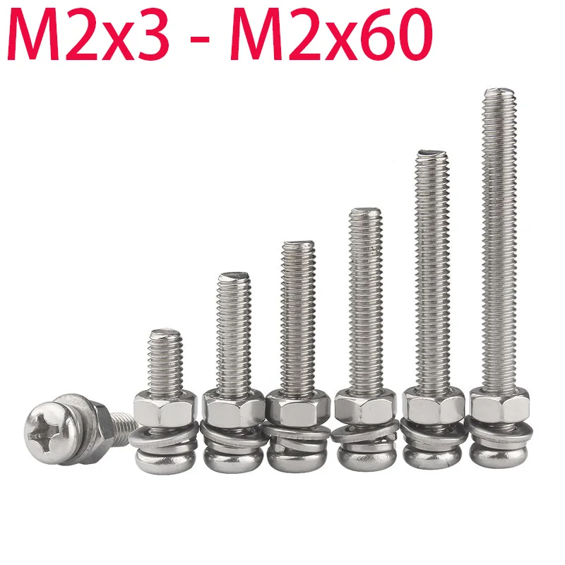 10/20/30/50pcs Set Phillips Screw Cross Recessed Pan Head Screws Spring Pad Gasket Combination 304 Stainless Steel M2x3-M2x60