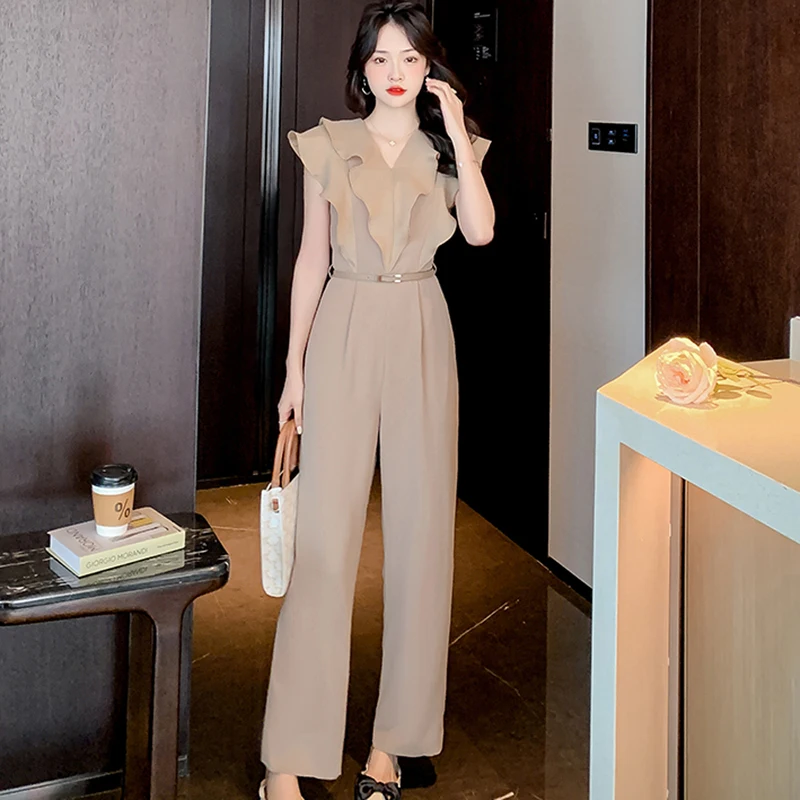 2024 New Korean Summer Ruffles Sleeveless Elegant Business Jumpsuits For Women Office OL Slim Wiast Belt Long Rompers