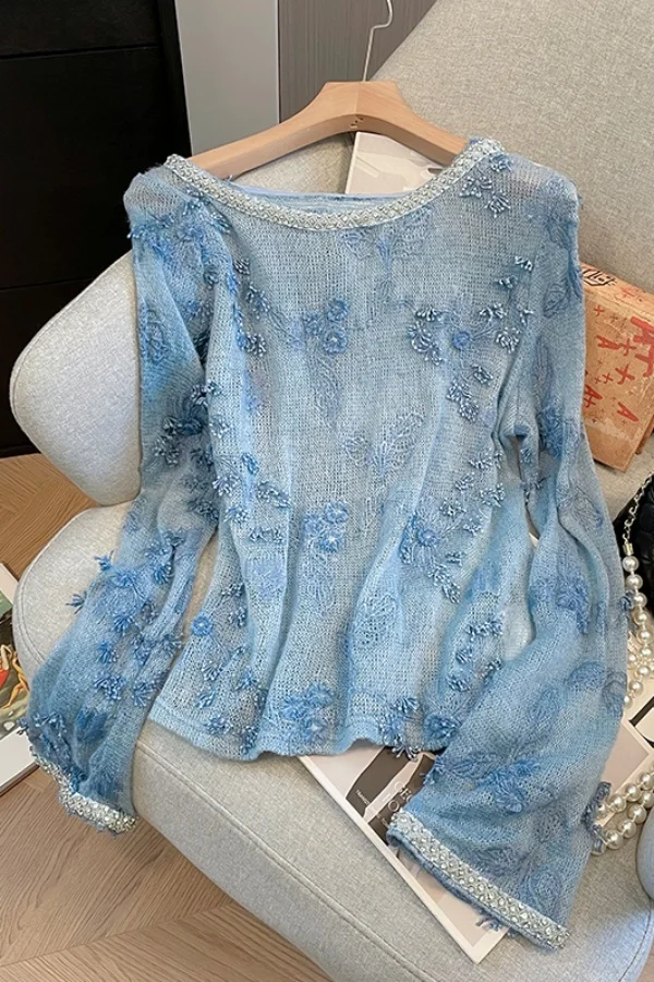 

Heavy Embroidery Lace Beaded Long Sleeve Blouse Women Loose Fashion Hollow Knit Sweater