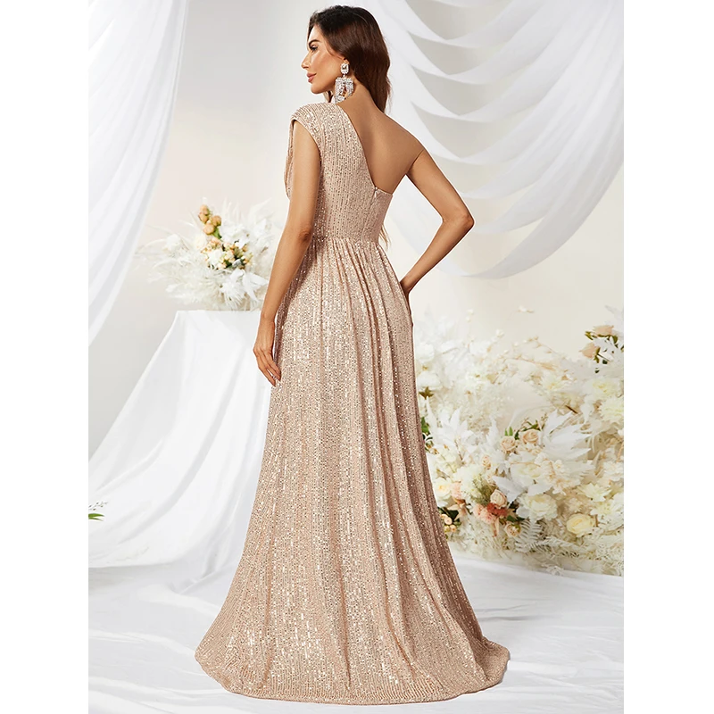 Women Elegant Ladies One shoulder Backless Sexy Champange Sequined Cocktail Prom Evening Party Long Maxi dresses