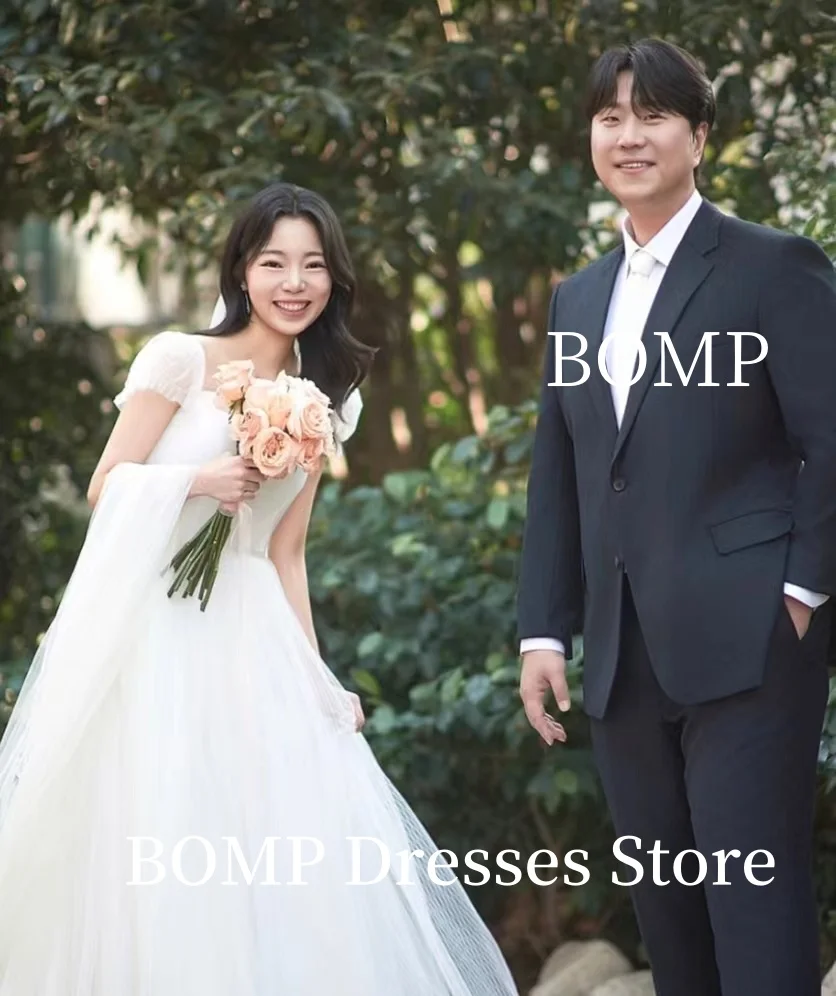 BOMP فستان زفاف الأميرة قصير الأكمام نفخة تول الاجتياح رايات قطار كوريا صورة تبادل لاطلاق النار ثوب استقبال الزفاف مخصص #2