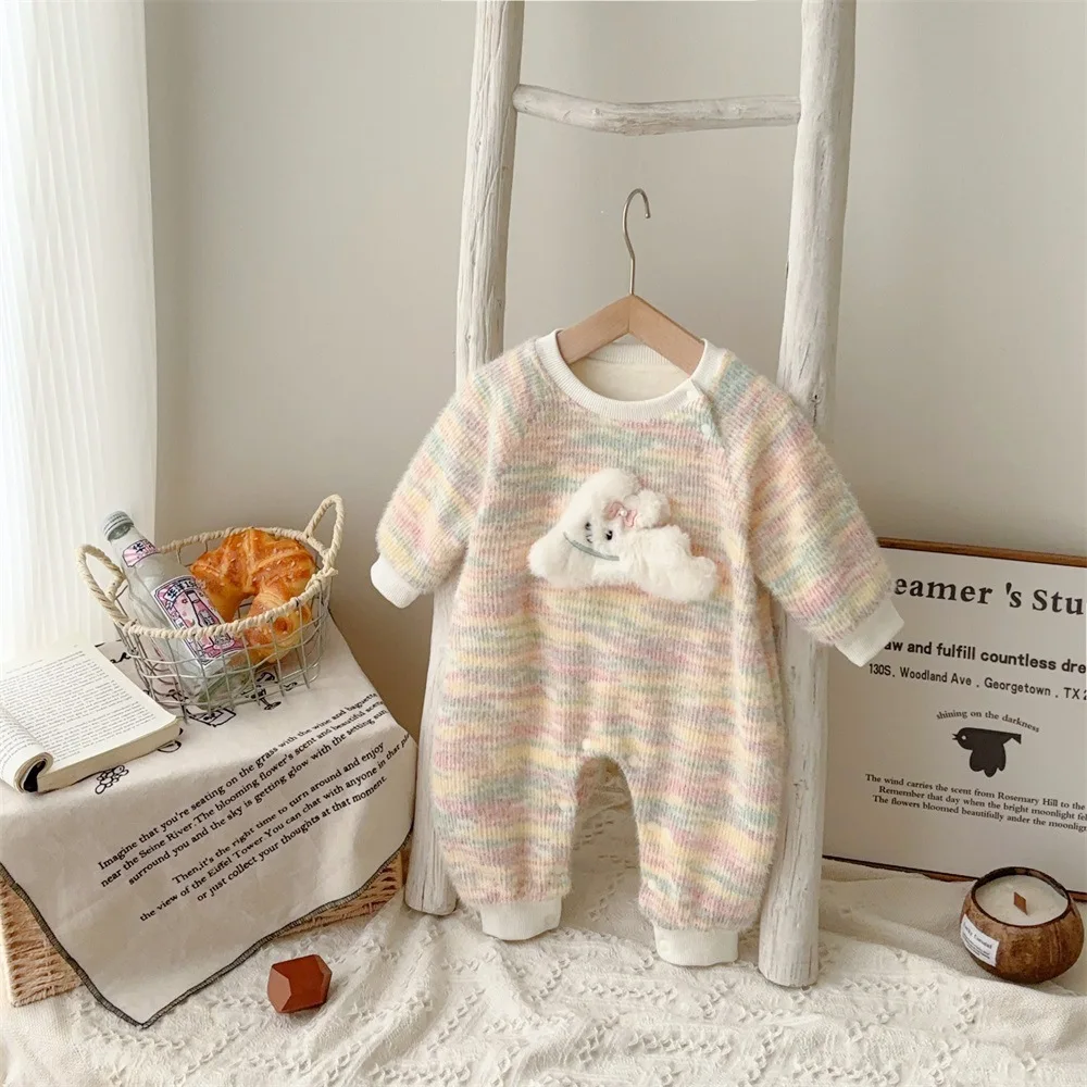 Autumn Winter Baby Girls Bodysuit Rainbow Cloud Patched Plus Velvet Knitted Infant Girls Rompers Toddler Girls Jumpsuit