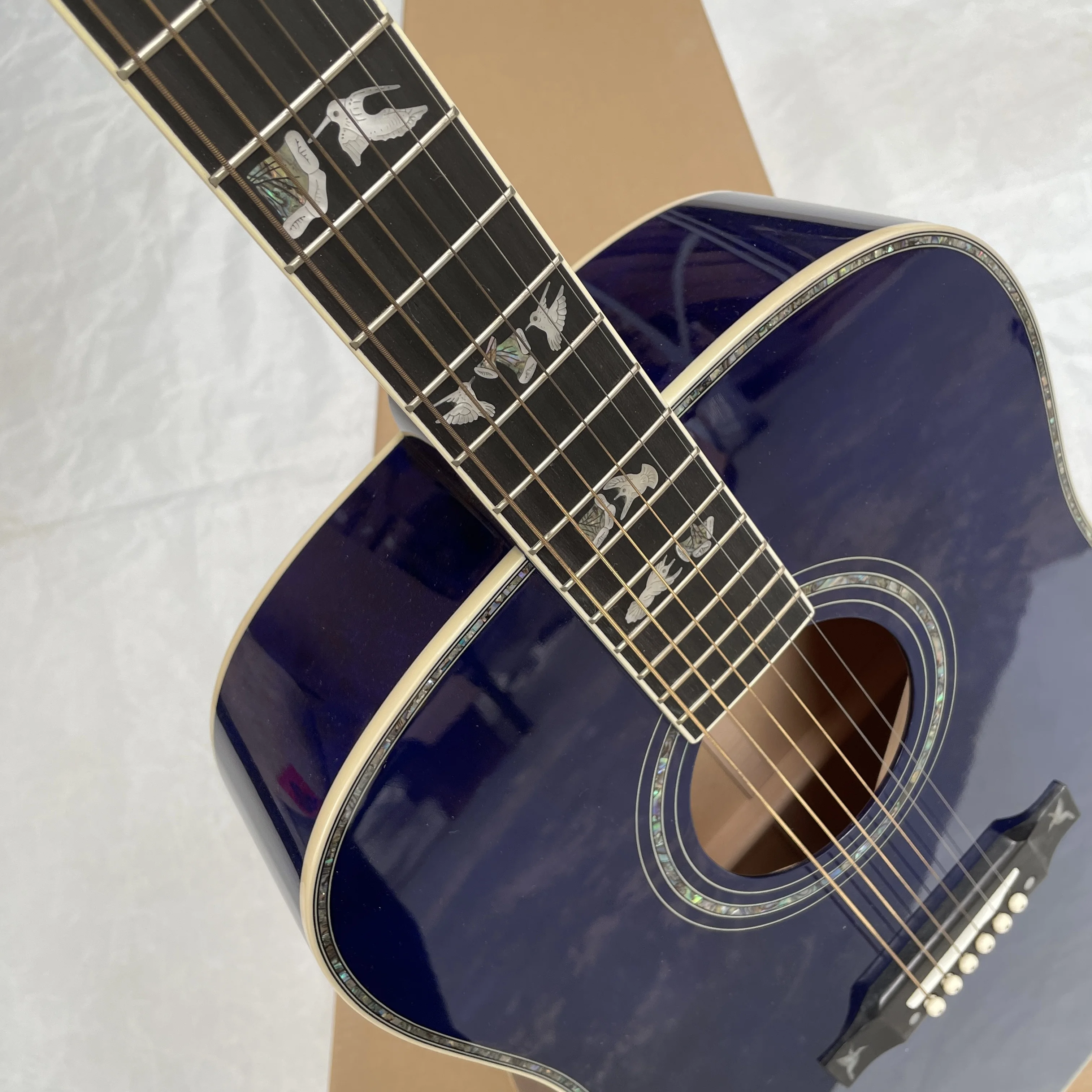 Picture 7: High-appearance-level 6-string folk guitar, sky blue full shell binding spruce top guitars, bird inlay beginner guitarra
