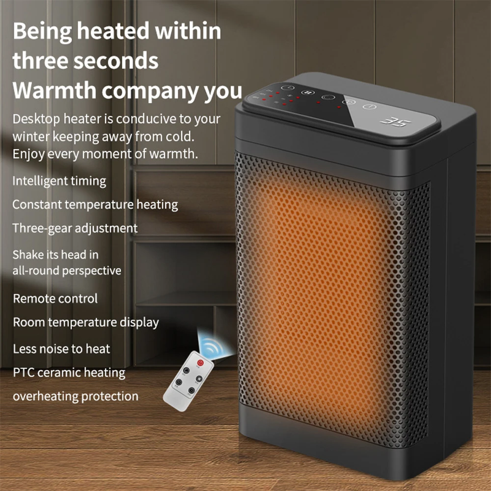 

220V 1500W Mini Electric Heater Small Heating Fan Portable Quiet Remote Control Knob PTC Table Black Warmer For Home Office