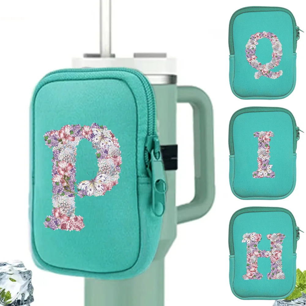 Sports Water Cup Bag Outdoor Sports Water Bottle Bags with Double Zipper Key Card  Small Storage Bag Rose Flower Pattern