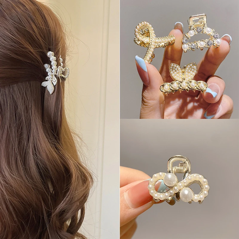 Elegant Pearls Beads Hairpin for Women Fashion Geometric Hair Claw Barrettes Headwear Horsetail Hair Clips Hair Crab Accessories