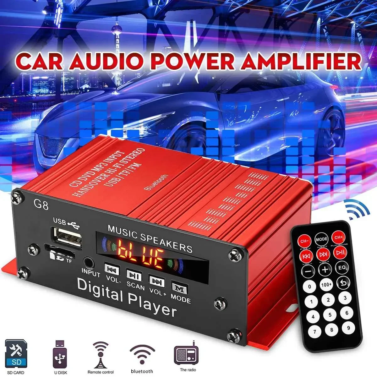 12 فولت 200 واط 2CH بلوتوث رقمي صغير HIFI الصوت مكبر كهربائي سيارة الصوت مكبر للصوت مكبرات صوت استيريو راديو FM USB ث/عن بعد