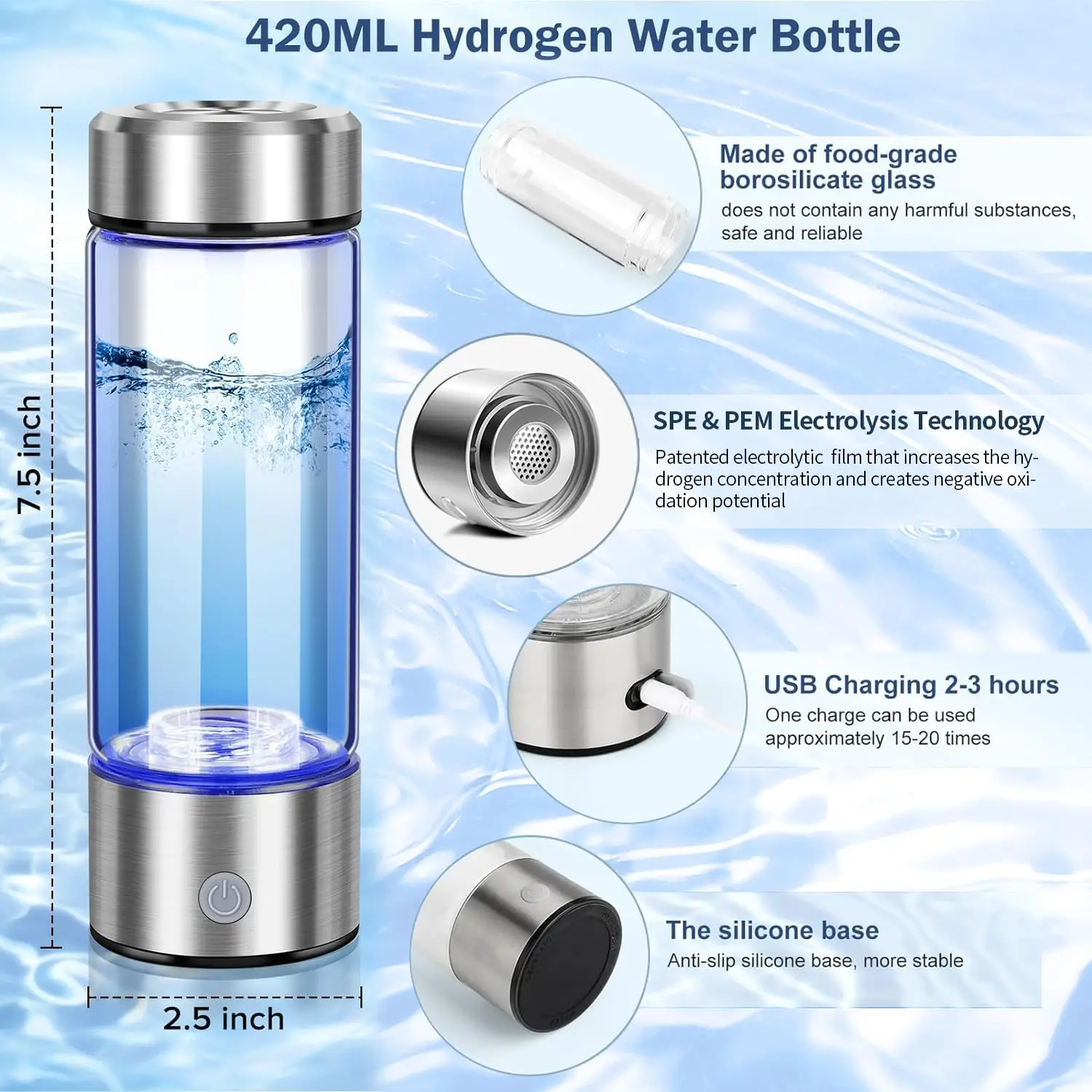 Portable Health Boosting Waterionizer Generator with SPE PEM Technology Hydrogen Water Bottle Generator