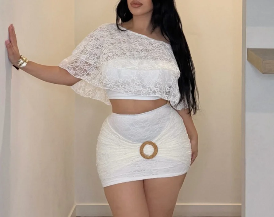 Two Piece Set Women Outfit 2026 Spring Summer New Solid Color Off Shoulder Lace Crop Top & O-Ring Design Hip Hugging Skirt Set