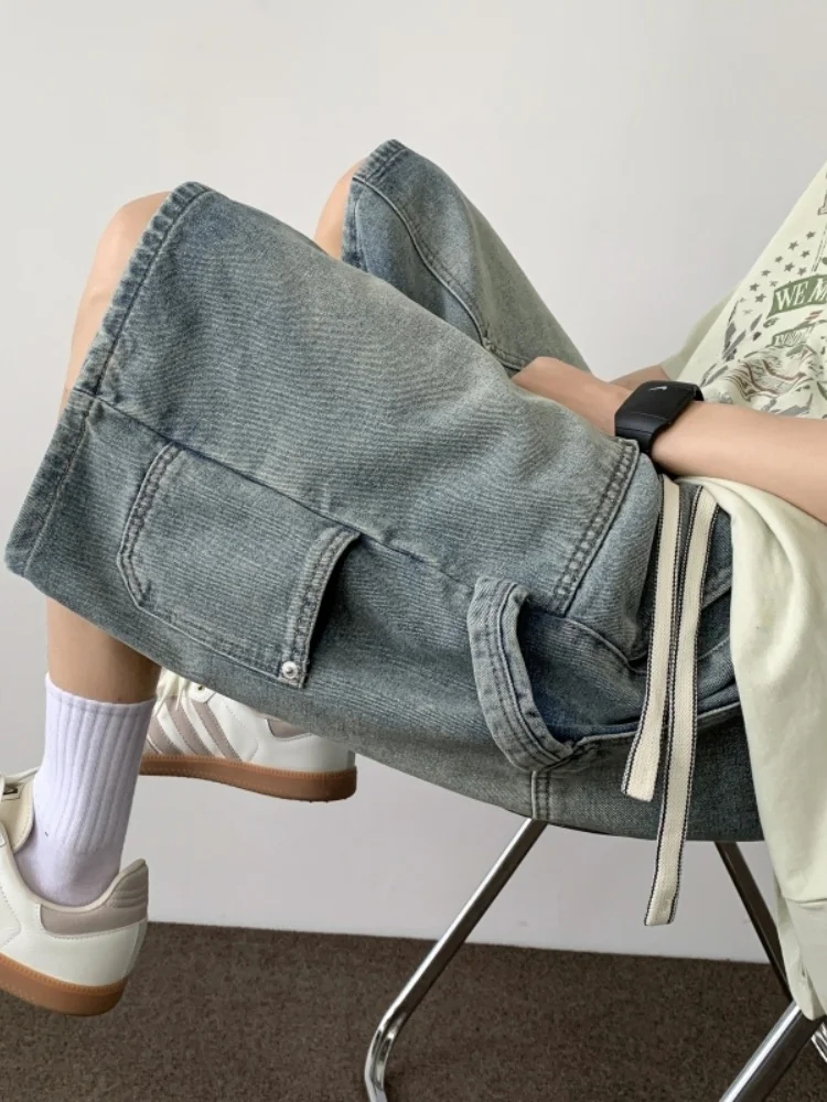 

Летние мужские свободные джинсовые шорты с пятью карманами, тонкие, в американском ретро-стиле, рабочие, прямого кроя, повседневные, со средней посадкой