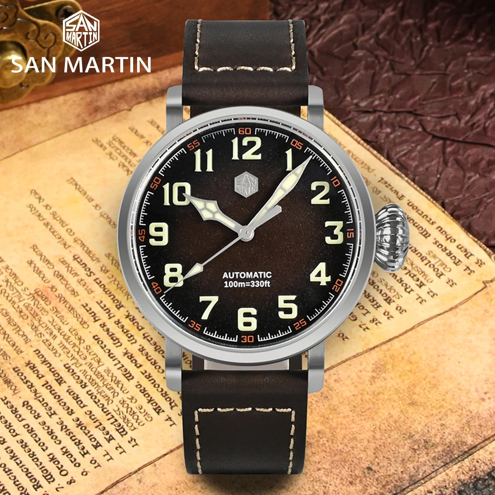 San Martin Fashion Men\'s Watch 40mm Pilot Automatic Mechanical YN55 PT5000 SW200 Stainless Steel Luminous Waterproof 100m