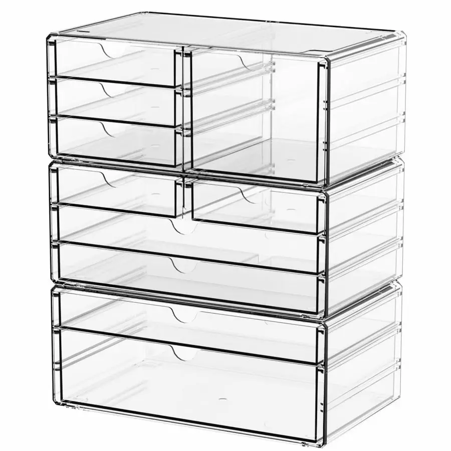 

3 Pack Clear Storage Drawers With 10 Drawers,Stackable 11.1 Large Acrylic Drawer Organizer and Makeup Organizer For Vanity,Bathr