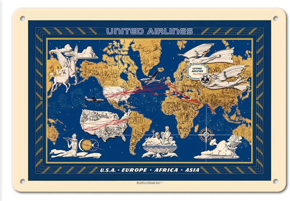 Pacifica Island Art - World Air Routes - USA Europe Africa Asia - Vintage Airline Travel Poster by Lucien Bouche sign sign