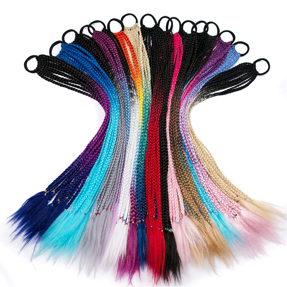 ZENYINFA Synthetic Colored Braided Ponytail Hair Extension Rainbow Color Braids Pony Tail With Elastic Band Girl\'s Pigtail