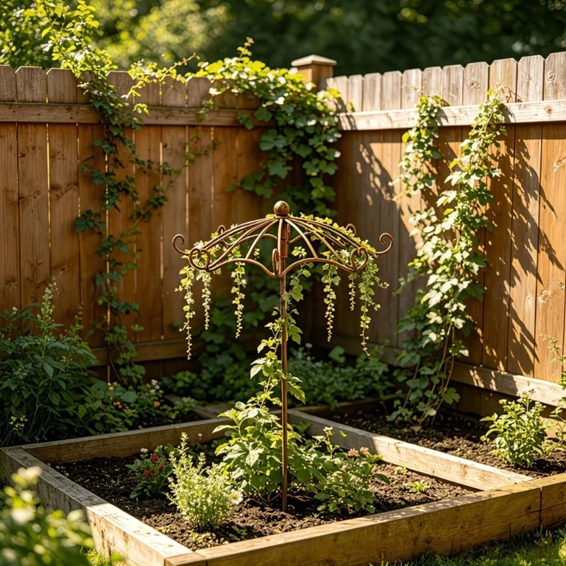 Metal Climbing Support Stake Trellised for Small Foliage in Pots, Curved Top Frame with Brown Finish for Balcony Displays, D2RD