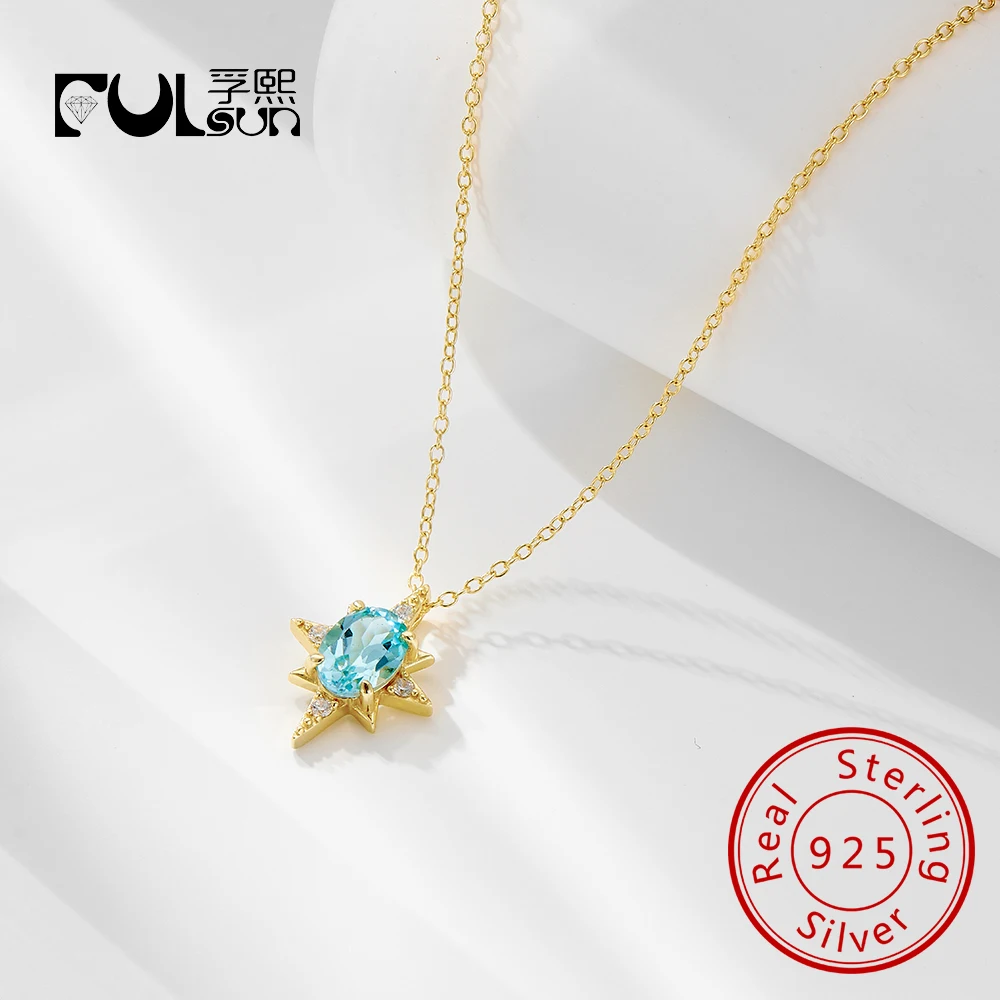 

Trend Simple Sky Blue Topaz Pendant North Star Clavicle Chain 925 Sterling Silver 14k gold plated Necklace for women