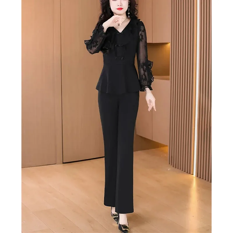 

2025 Women Large Size 4XL Trousers Korean Ladies Solid Color Tops Pants 2PCS Summer Female Long Sleeve High Waist Trousers Set