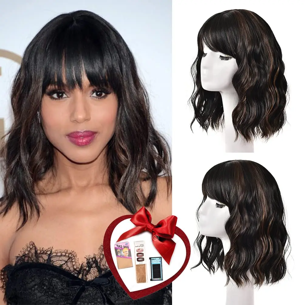 

Short Bob Wigs with Bangs Synthetic Loose Body Wave Wigs for Woman Cosplay Party Daily Heat Resistant Fiber(14 Inches)