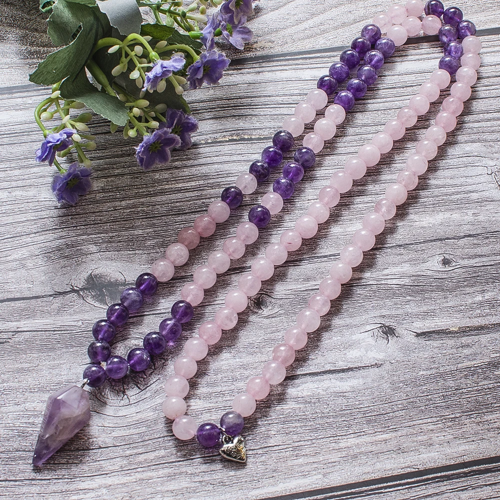 8mm Amethyst Rose Quartz Beads 108 Mala Necklace Meditation Yoga Prayer Jewelry Japamala Set with Pendant for Women