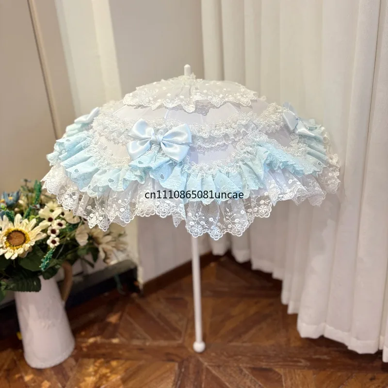 

Зонт в стиле Лолита, розово-сине-белый, мягкий, милый, для девочек, с милым сердечком, реквизит для фотосессий на чаепитии.