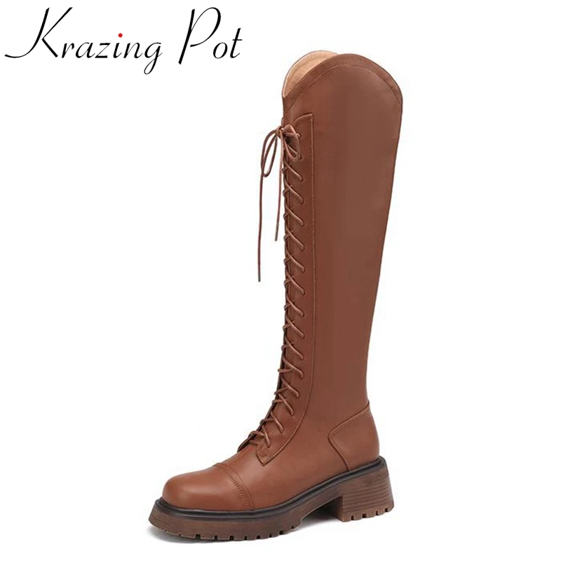 

Krazing Pot Full Grain Leather Round Toe Thick High Heels Knight Boots Platform Cross-tied Street Wear Punk Zip Thigh High Boots