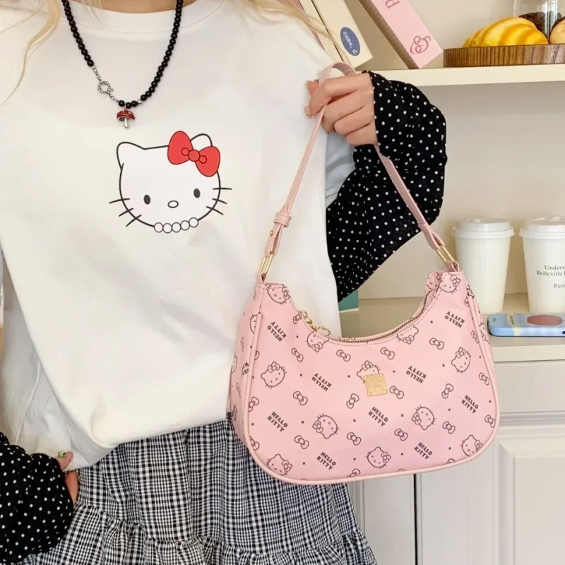 Bolso de Hombro con Estampado de Gato KT, Bolso de Mano con Diseño de Luna Creciente, Bolso Casual para Estudiantes Universitarias