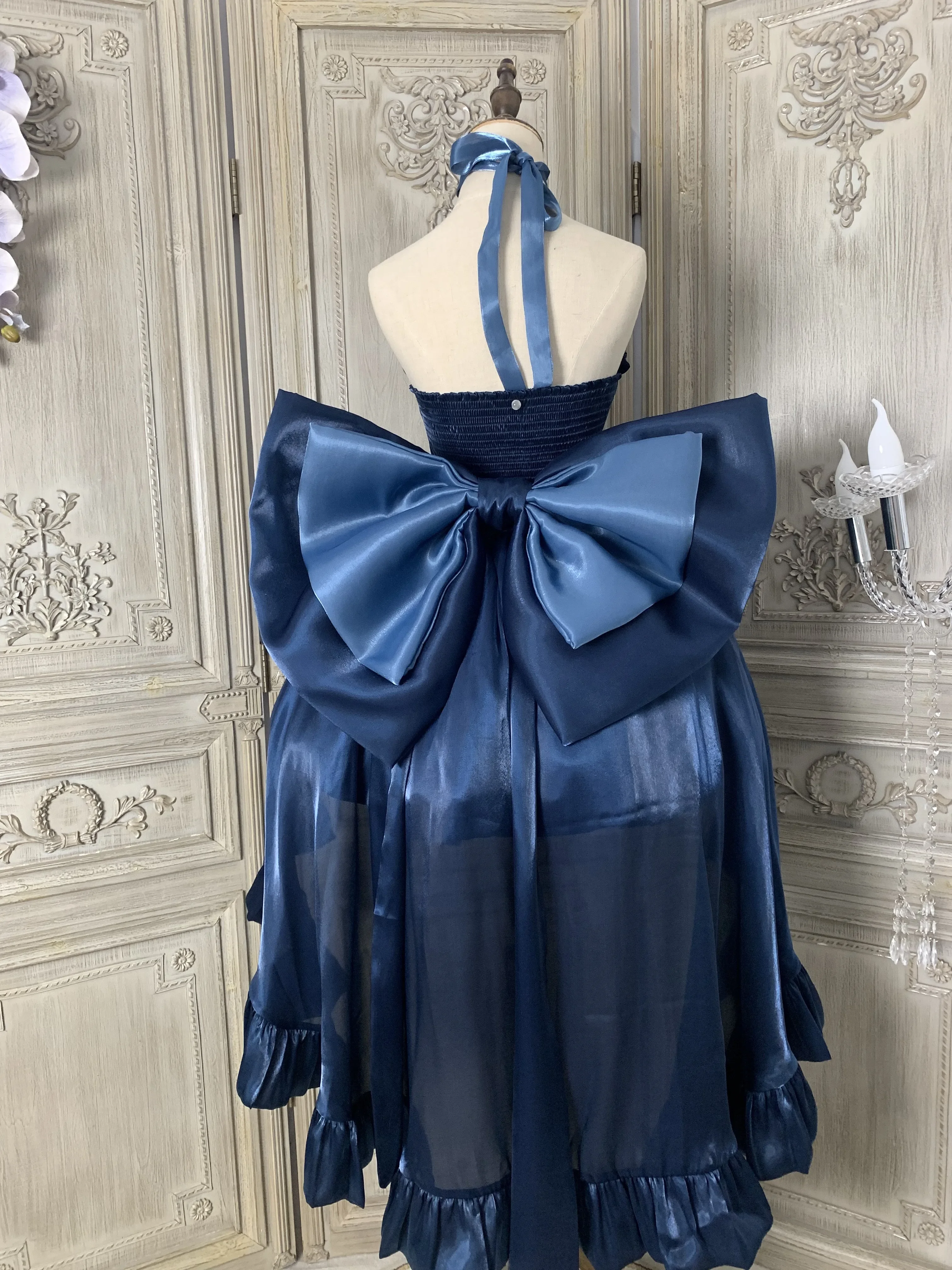 Lolita Princess Blue Pettiskirt Dress Sleeveless High Waist Slim Fit Back Big Bow Long Trailing Strapless Short Dress for Women