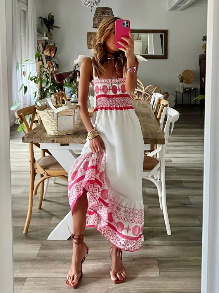 Spring Summer Sexy Bohemian Dress Office Lady Casual Off Shoulder Slash Neck Sleeveless Print Dresses For Women 2024 Female Robe