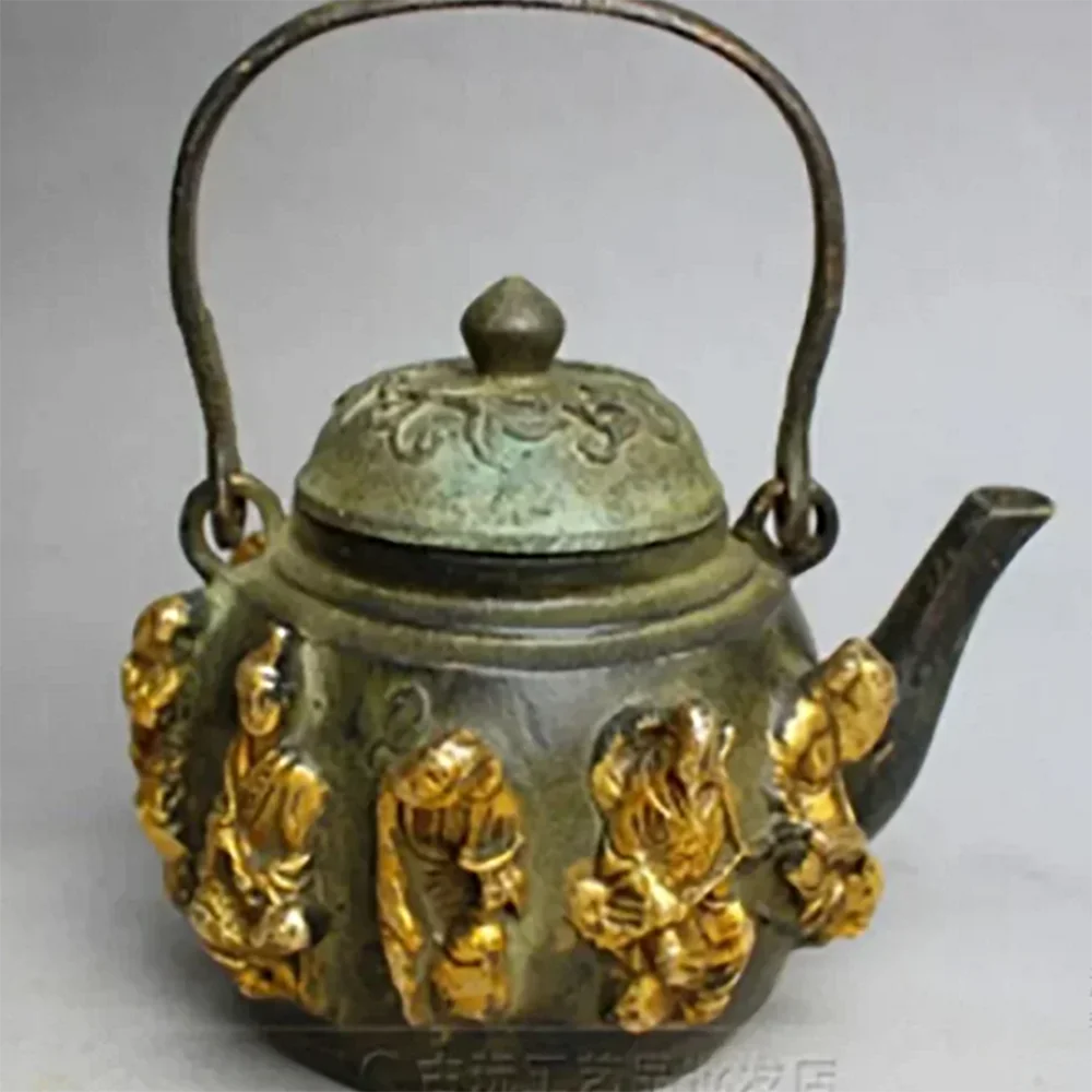 Ancient Pure Copper Bronze Embossed Gold-Plated Eight Immortal Teapot Handle