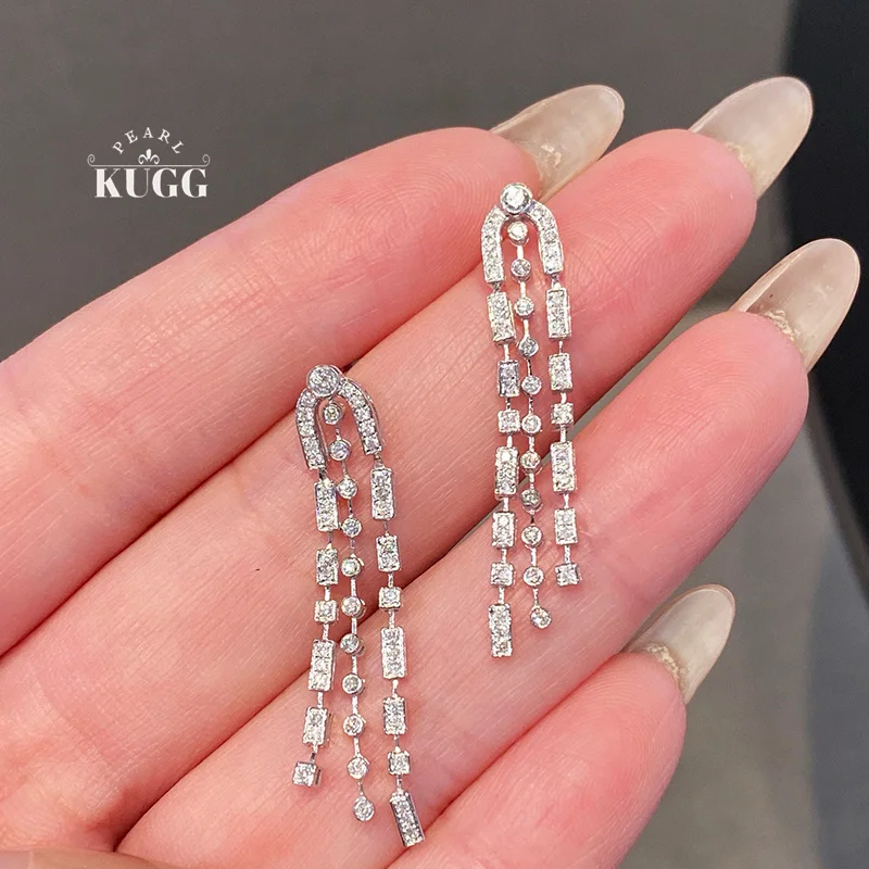 KUGG 100% 18K White Gold Earrings Luxury Tassels Drop Earrings 0.62carat Real Natural Diamond Earrings for Women Fine Jewelry