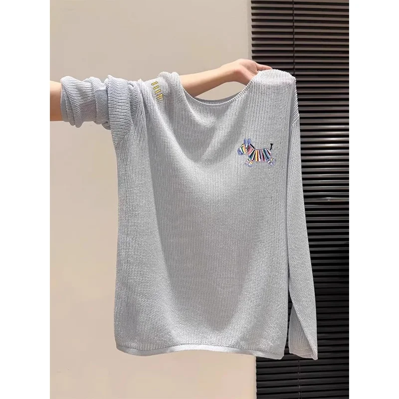 เสื้อยืดถักนิตติ้งสีน้ำเงินสำหรับผู้หญิง สัมผัสพรีเมียม รุ่นใหม่สำหรับต้นฤดูใบไม้ร่วง สไตล์ลำลอง ใส่สบาย ทรงหลวม แขนยาว คอกลม