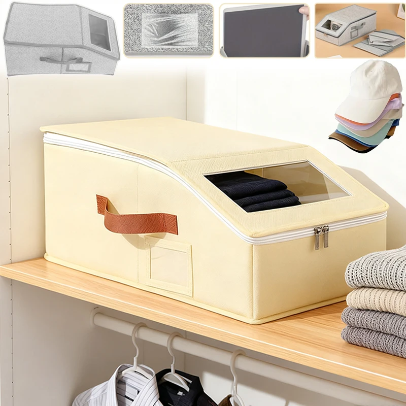 

1PC Japanese Style Foldable Zipper Non-woven Hat Storage Box with Transparent Window Home MultiPurpose Dustproof Organizer 철제수납함