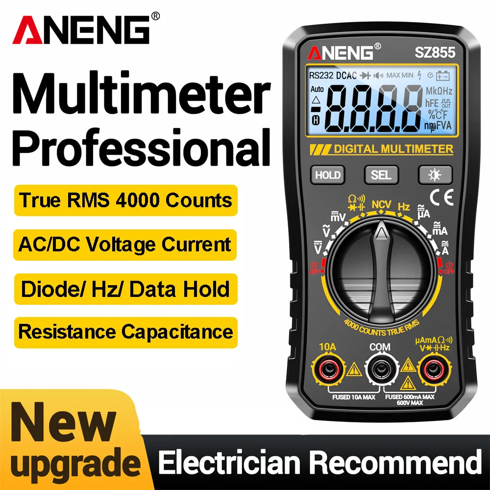 

Цифровой мультиметр ANENG SZ855 True RMS, 4000 измерений, NCV, тестер напряжения AC/DC 600В, измерение сопротивления, емкости, диодов, инструмент для электрика