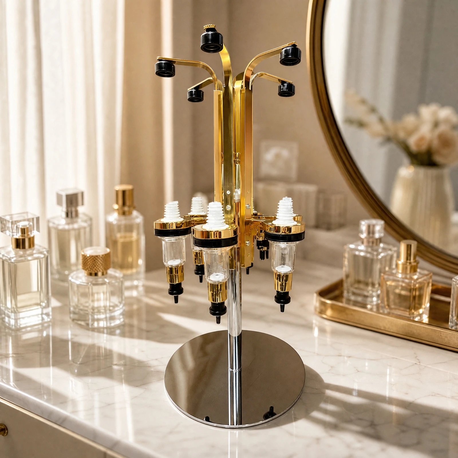 Six Reservoir Rotating Dispenser Rack Freestanding Metal Countertop Liquid Holder Space Saving Upright for Perfume Spirits