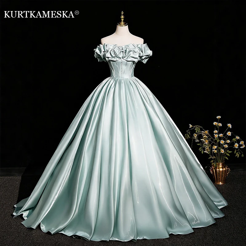 

Off The Shoulder Evening Dresses For Women Elegant Satin Prom Birthday Party Evening Gowns Ruffle Fluffy A-line Formal Dresses