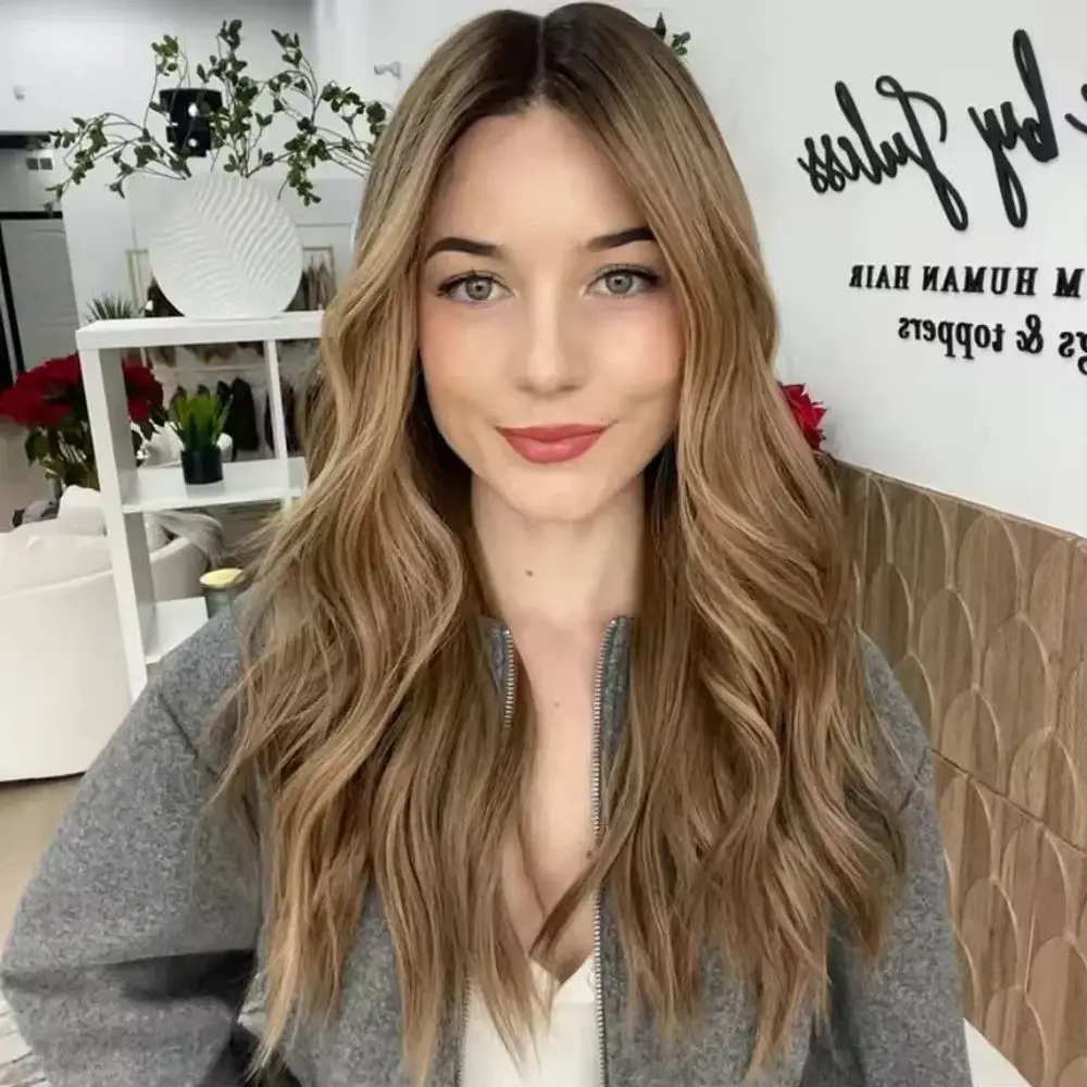 

24”Realistic Pre Plucked Synthetic Wigs Brown Blonde Lace Front Wig With Dark Roots Body Wave Glueless Wig Heat Resistant Fiber