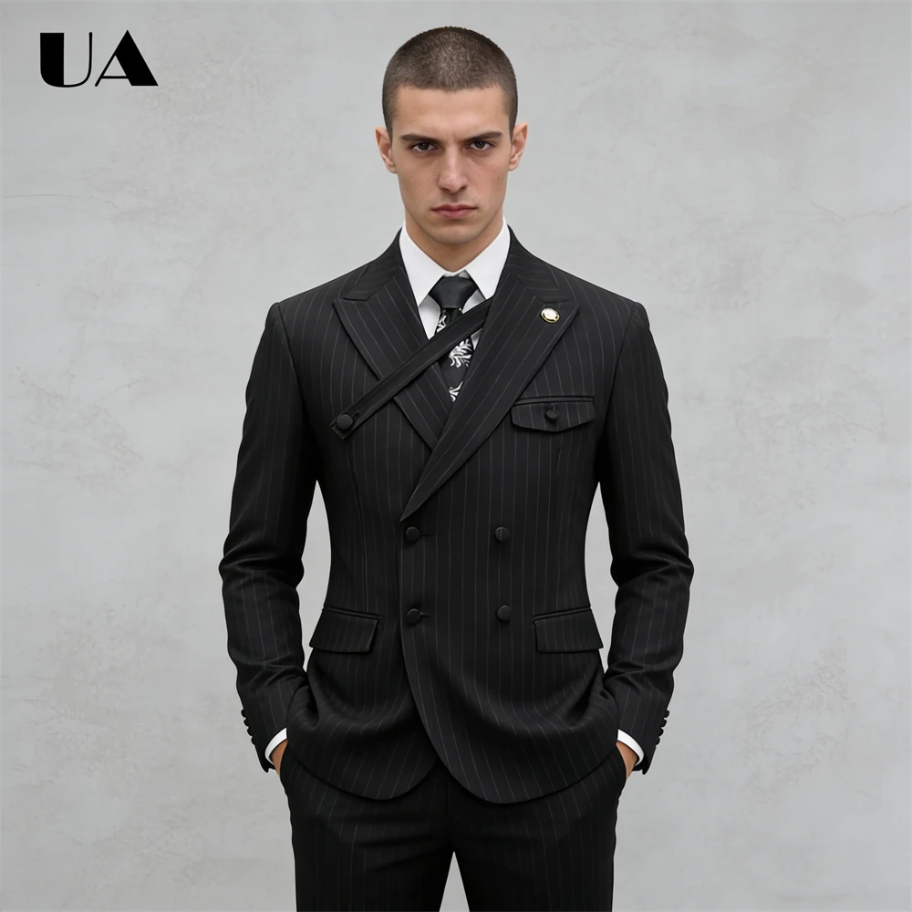 

Модный мужской костюм-двойка для официальных мероприятий, деловой смокинг, полосатая куртка + брюки, высококачественные костюмы на заказ