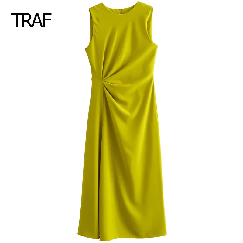 TRAF Womens Dresses Spring Summer Midi Ruffled Dresses Yellow Sleeveless Tank Dress Korean Style Dress Casual Vacation Dresses