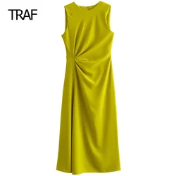 TRAF Womens Dresses Spring Summer Midi Ruffled Dresses Yellow Sleeveless Tank Dress Korean Style Dress Casual Vacation Dresses