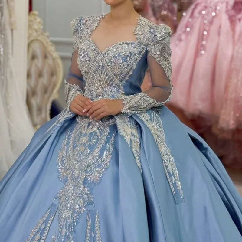 

Satin Haze Blue Quinceanera Dress off-shoulder glitter decal Long tail long sleeves vestidos de 15 Quinceanera ﻿Customize