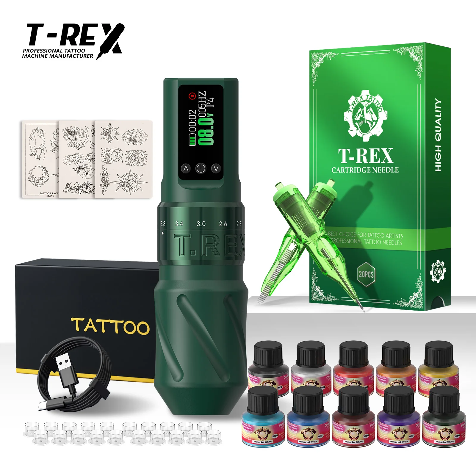 

Tattoo Gun Kit T-Rex Tattoo Kit Complete Wireless Tattoo Machine 1600mAh Power Adjustable 7 Types of Itinerary Beginner Set