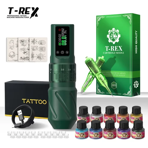 Kit de pistola de tatuaje T-Rex, máquina de tatuaje inalámbrica completa, potencia ajustable de 1600mAh, 7 tipos de artículos para principiantes