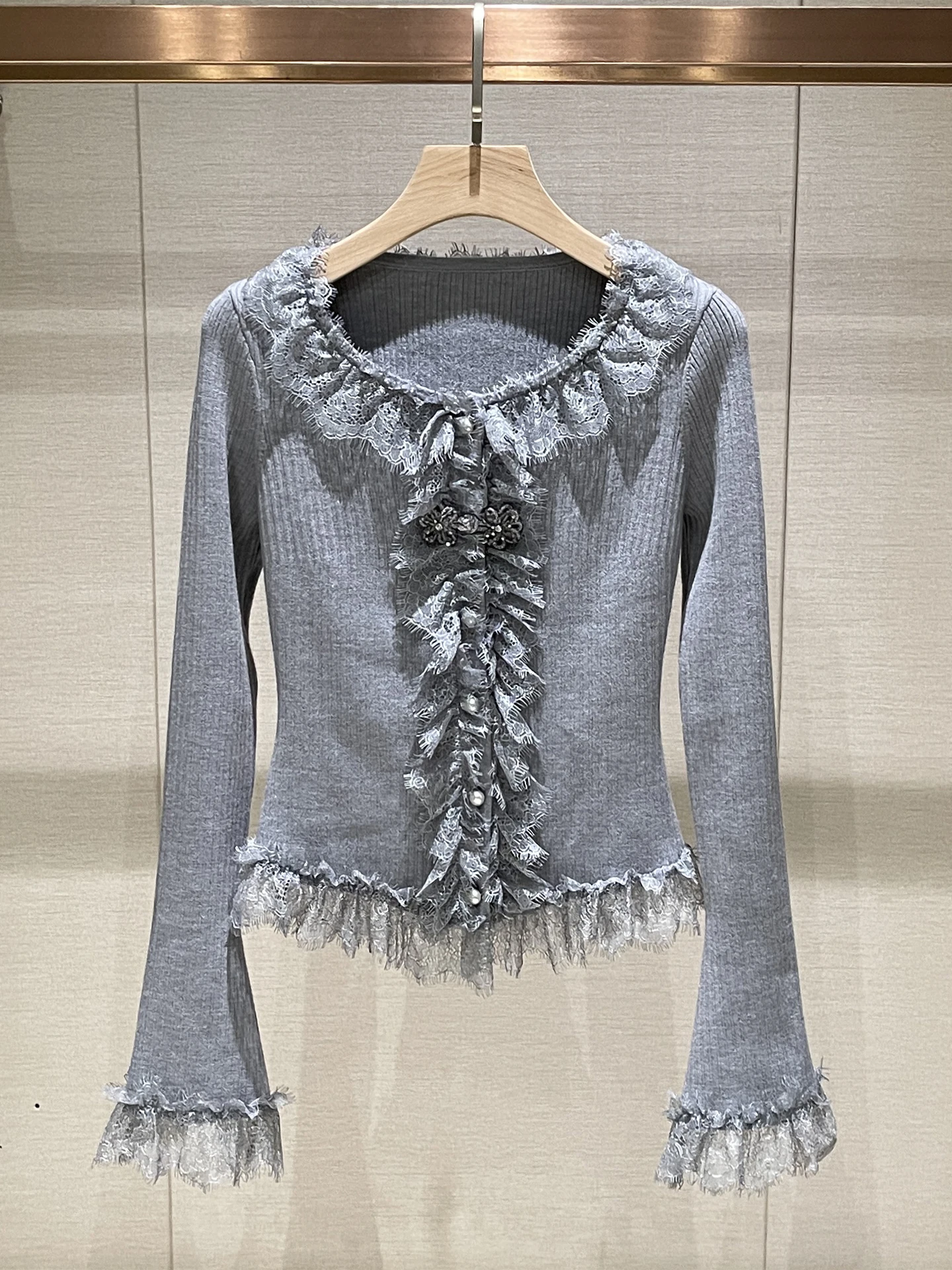 

Уникальный круглый кардиган из трикотажа с кружевной отделкой, приталенный, женский, повседневный, с длинными рукавами, на пуговицах, однотонный, осень 2025, новинка