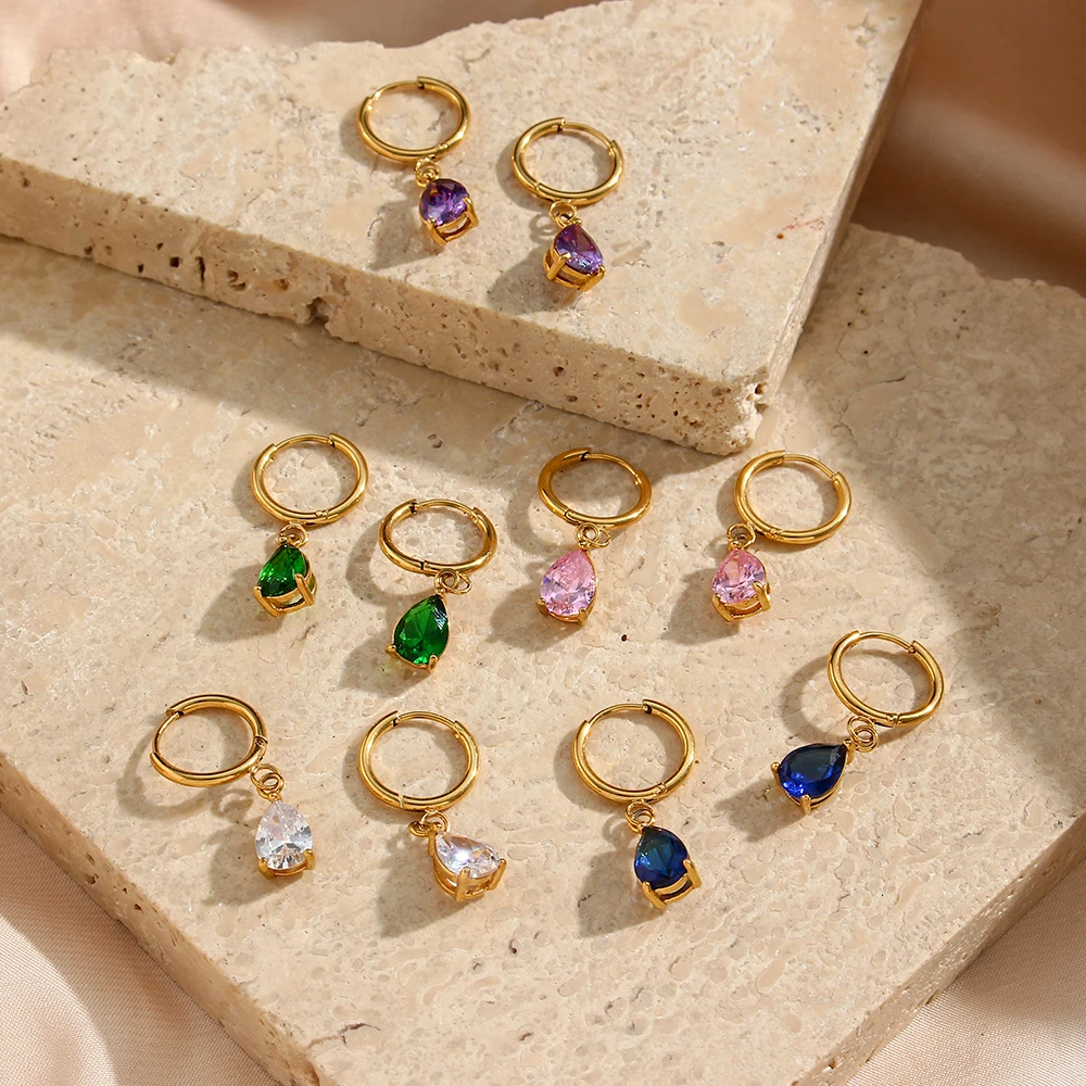 MamacitaSlay Luxury Colored Zircon Water Drop Earrings for Women Trendy 18K Gold Plated Hoop Pendientes Mujer Party Jewelry image 6