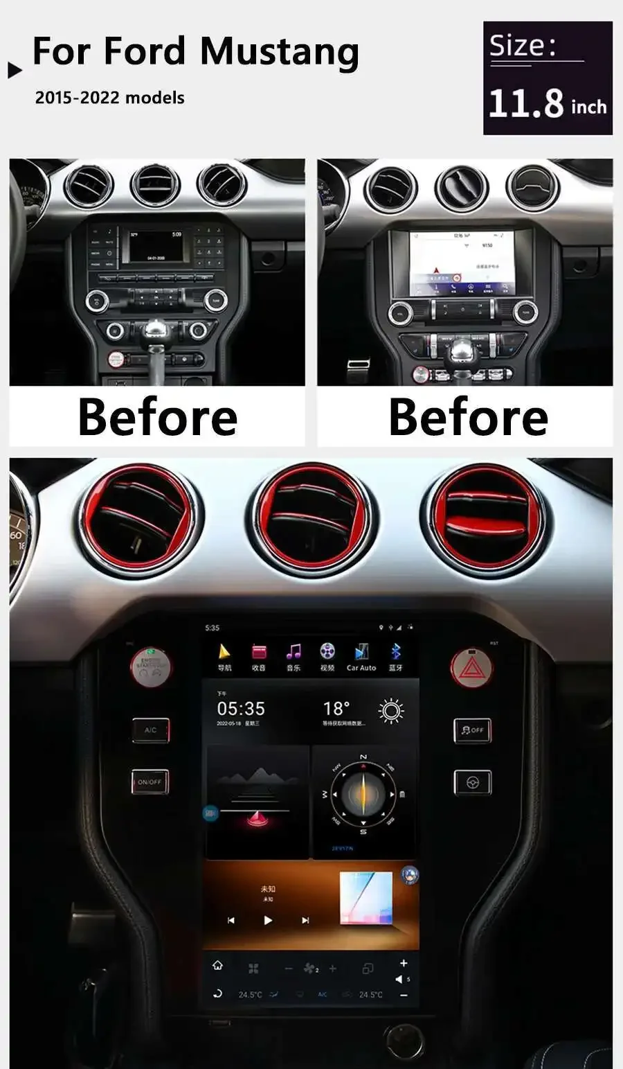 11.8 "لسيارة فورد موستانج 2015 2016 2017 2018 2019 2020 1 Din شاشة بلوتوث راديو السيارة أندرويد مشغل وسائط متعددة وحدة رأس ستيريو