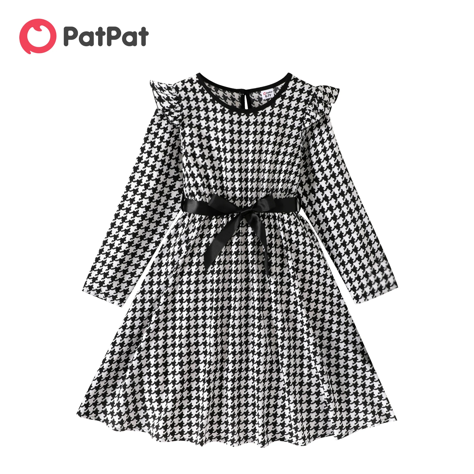 

PatPat Kid Girl Dresses Elegant Houndstooth Print Ruffled Belted Long-sleeve Dresses Kids Clothes Girls Dress