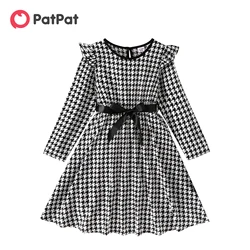 PatPat Kid Girl Dresses Elegant Houndstooth Print Ruffled Belted Long-sleeve Dresses Kids Clothes Girls Dress