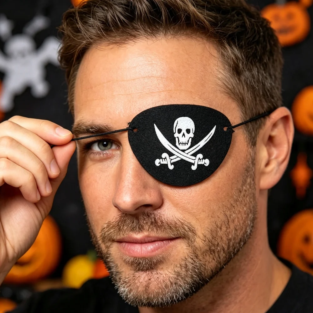 Parche de ojo de pirata con dise&ntilde;o de calavera y espadas cruzadas, accesorio de disfraz de poli&eacute;ster para Halloween, 3 piezas