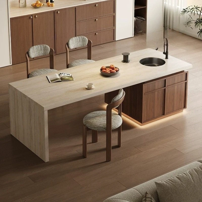 Medieval travertine rock slab island dining table integrated restaurant open kitchen storage flush operation counter bar